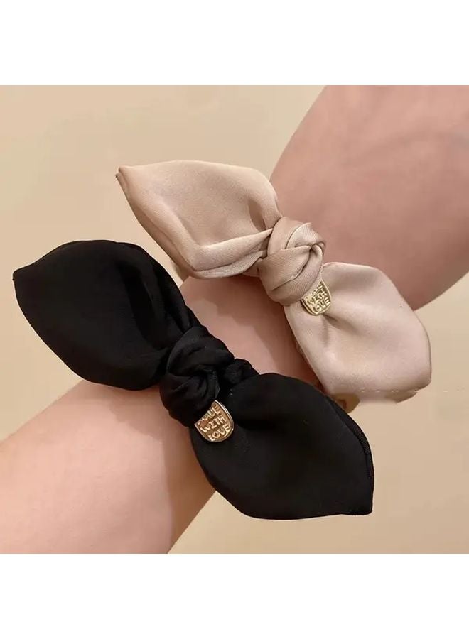 Black Satin Bow Hair Tie Scrunchie For Women And Teens With Golden Accents - Image 1